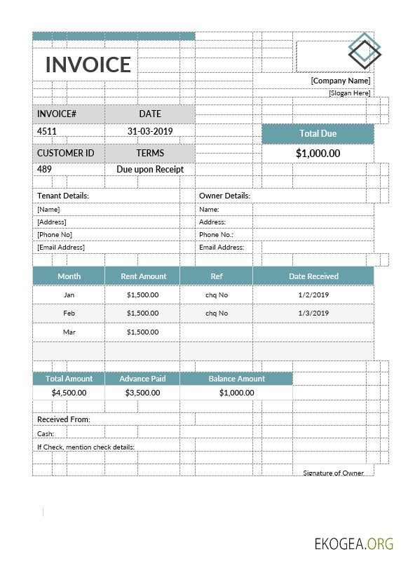 Modèle de format de facture de loyer de bureau